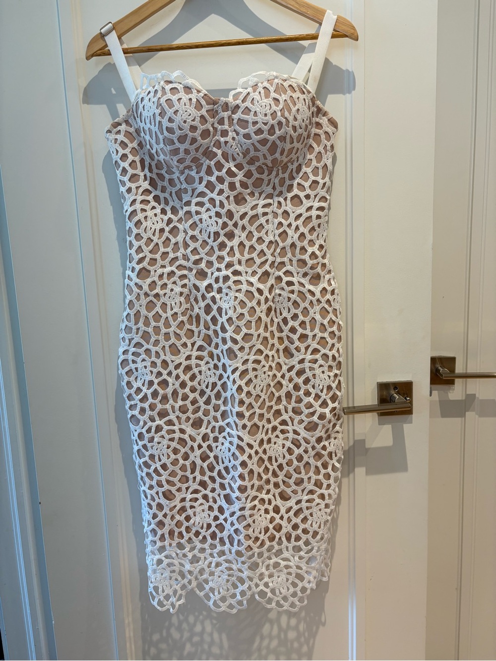 Strapless White Lace Midi Dress with Nude Lining